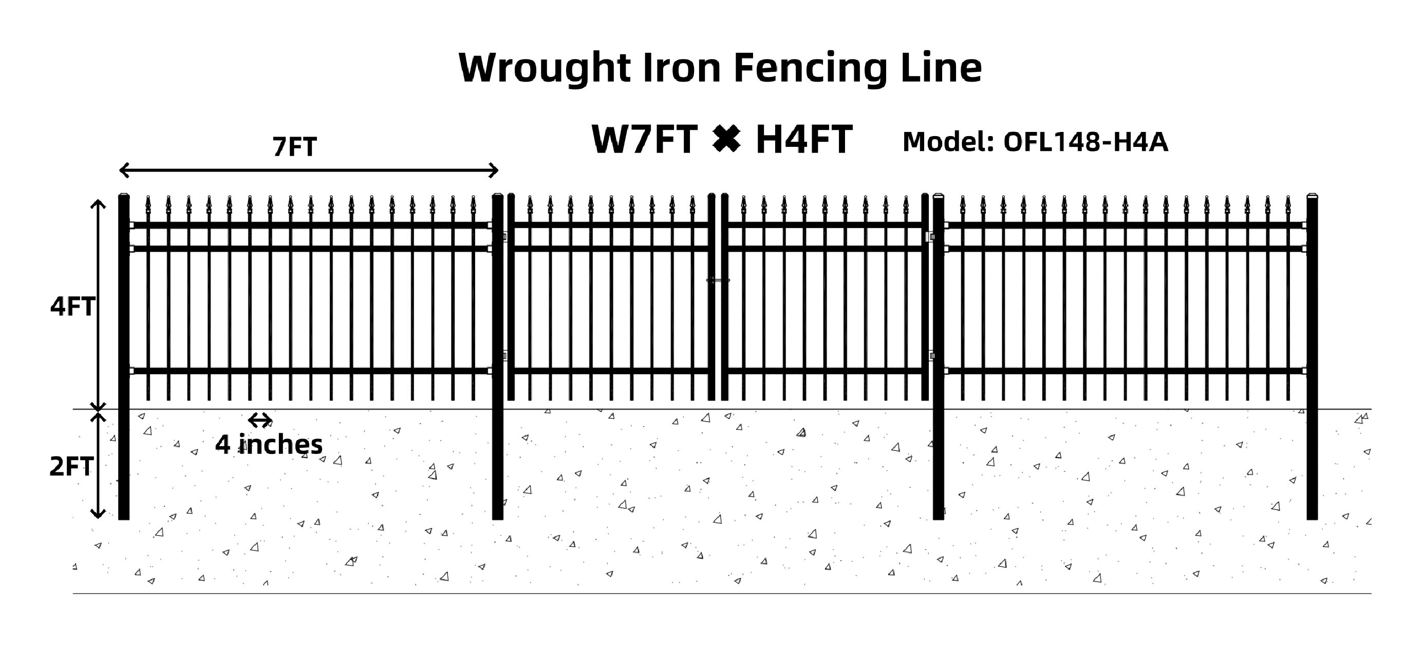 148FT Industrial Ornamental Fencing Line 7'×4' (20 Panels & 2 Gate), Spear Top