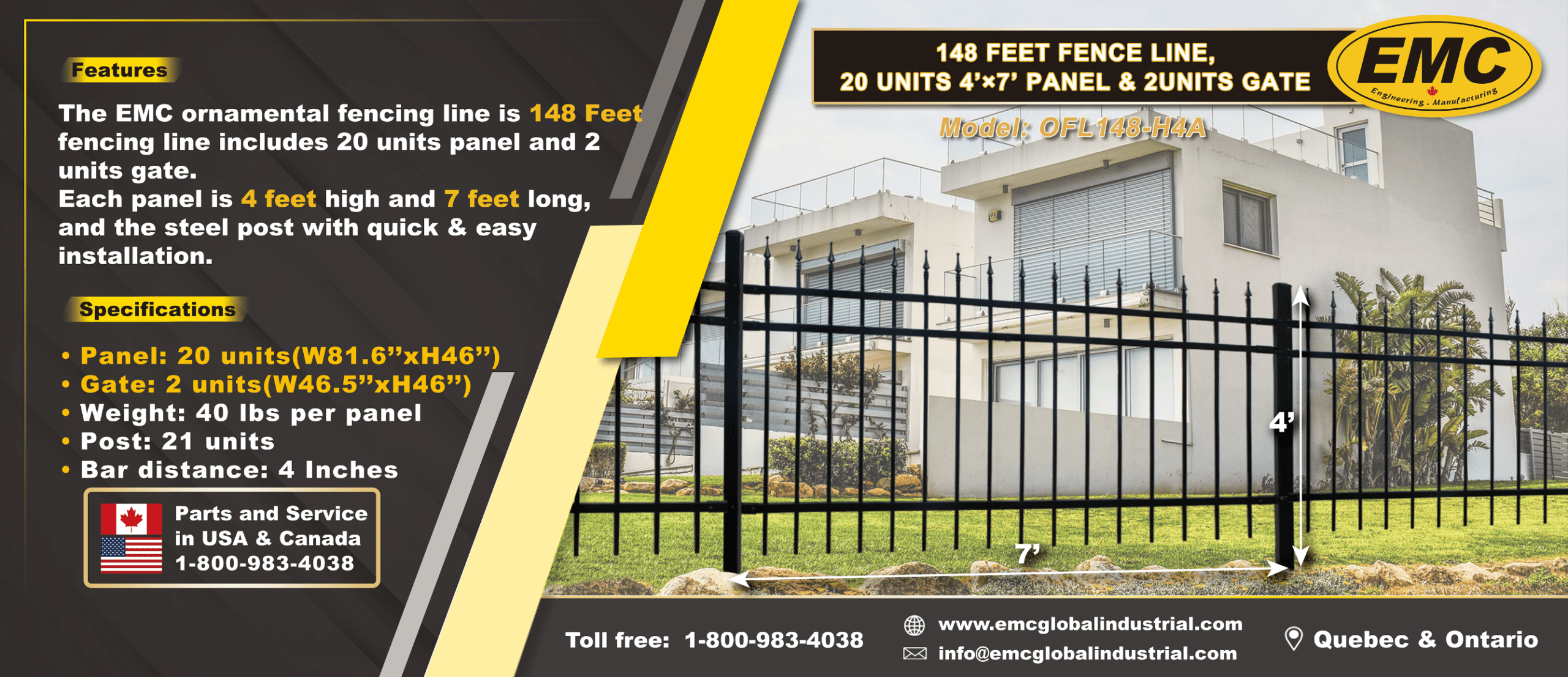 148FT Industrial Ornamental Fencing Line 7'×4' (20 Panels & 2 Gate), Spear Top - Image 5