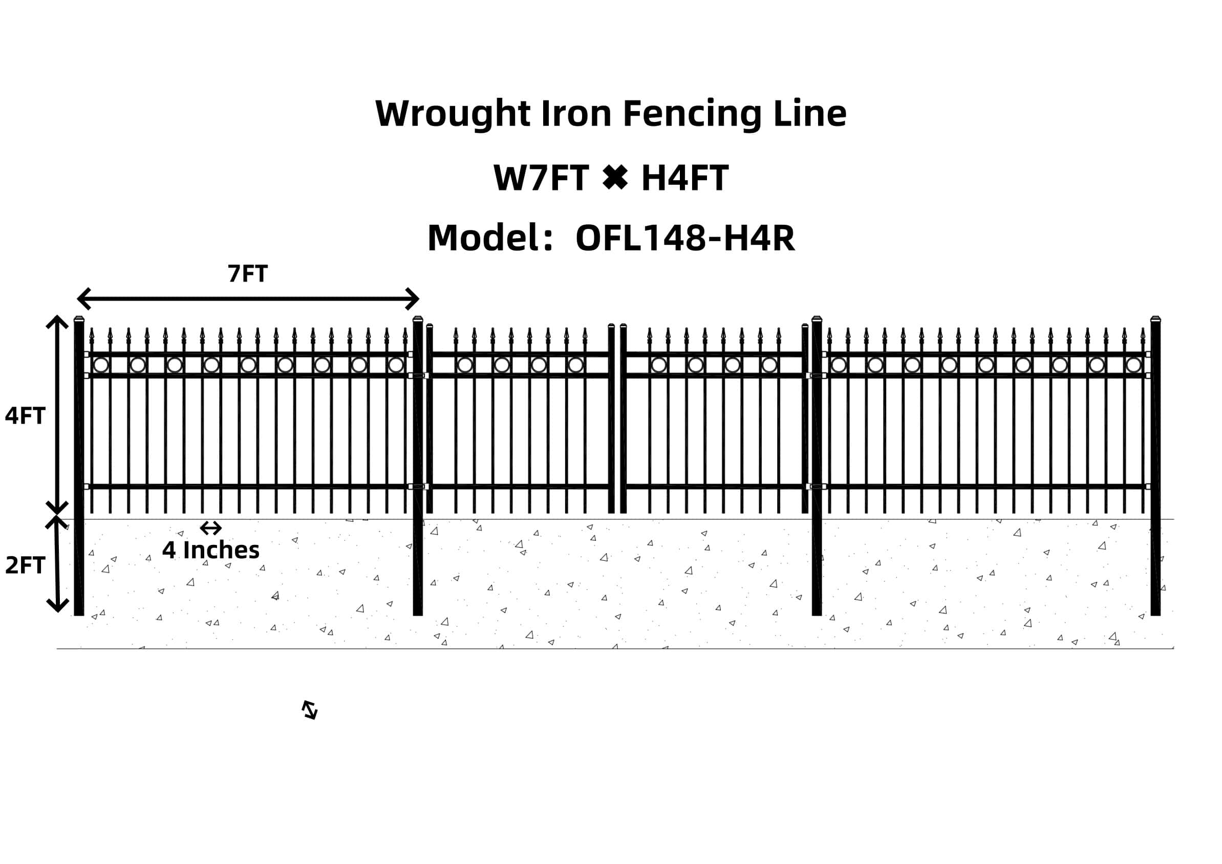 148FT Industrial Ornamental Fencing Line 7'×4' (20 Panels & 2 Gates), Spear Top With Ring Decoration